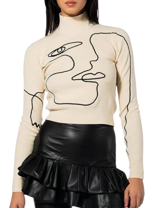 AKIRA Sweaters - AKIRA Willa Abstract Face Ribbed Turtleneck Sweater Medium Cream Artsy